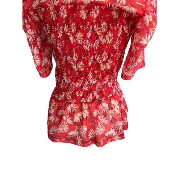 MAEVE Red Floral Collared Smocked Blouse Size Medium - Picture 9 of 10